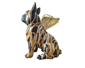 French Bulldog dog statue with wings, black resin & gold and white paint drips. Height 6'7 inches