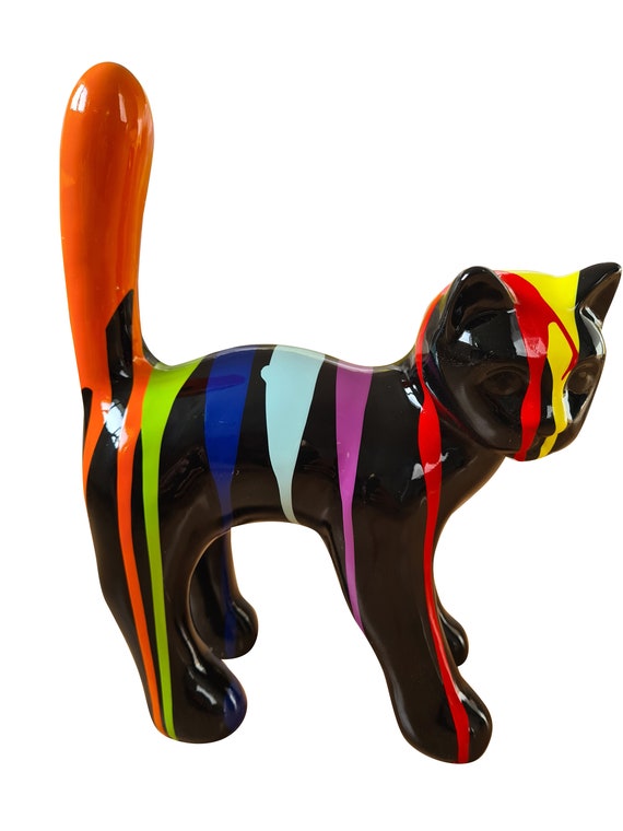 Large Cat Statue Black Resin With Paint Drips Height 45 Etsy
