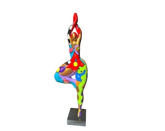 Statue of round woman "Nana dancer", multicolored resin. Model "Bella" by Laure Terrier. Height 20.4 inches with the base
