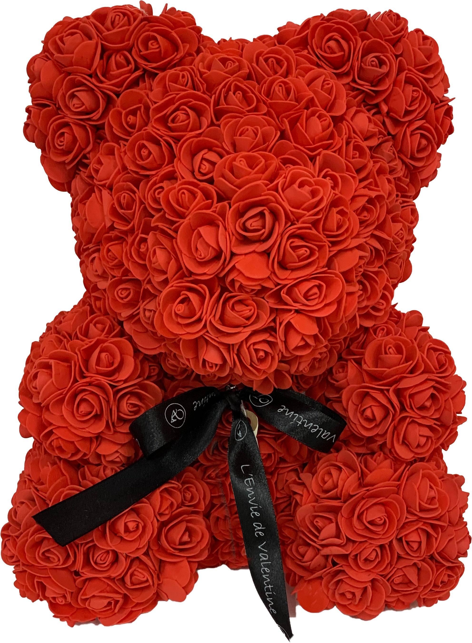 Statue of bear or teddy bear Love, red, in petals of rose flowers. Height 9,8 inches