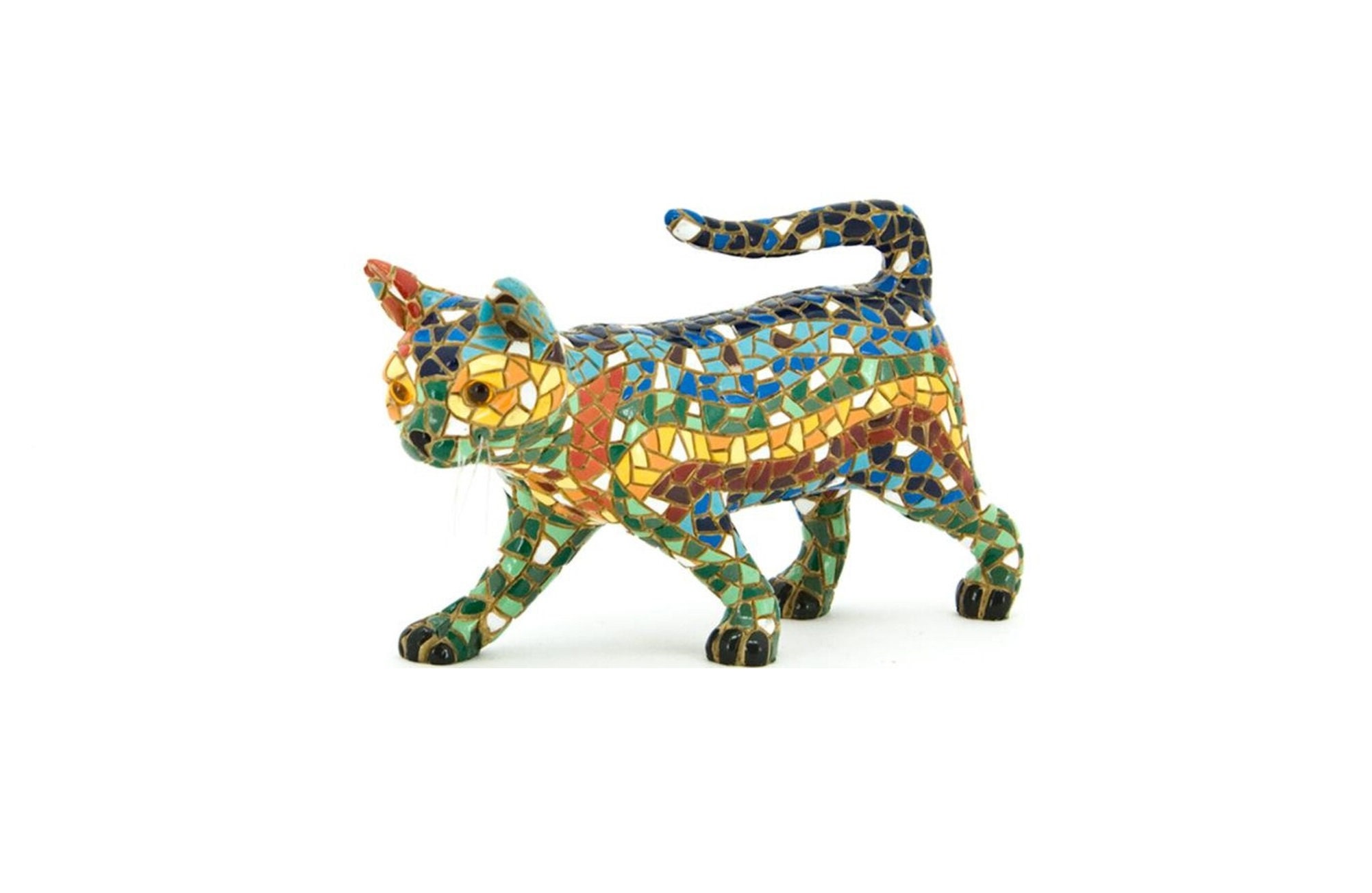 Statue chat en résine queue droite multicolore fond noir 50 cm