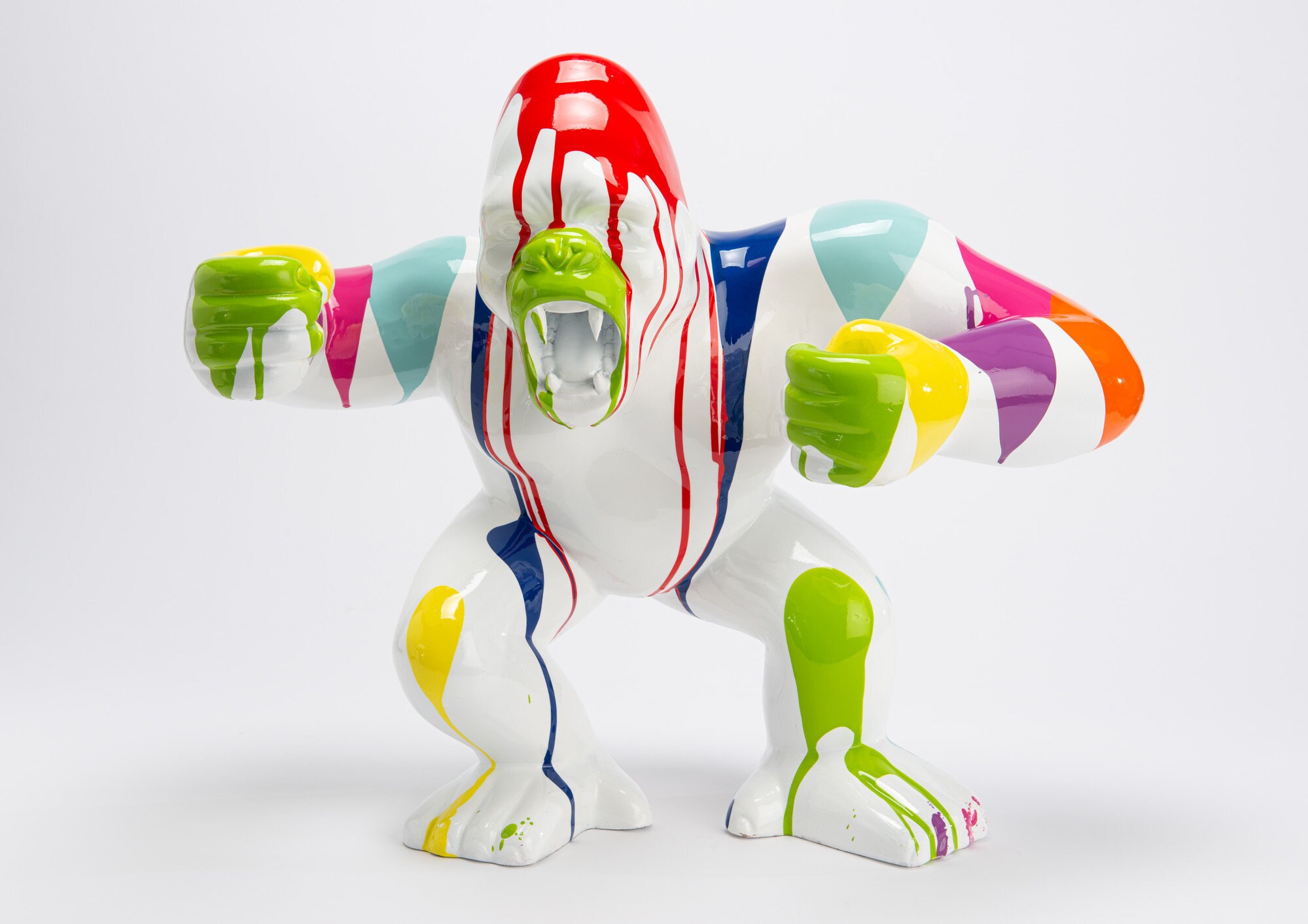 Grande Statue de Singe Gorille Blanc, en Résine, avec Coulures Peinture Multicolores. Hauteur 43 Cen