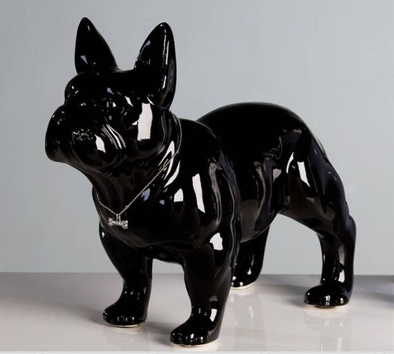 hauteur 30 cm Grande statue de Bouledogue Français en céramique argentée