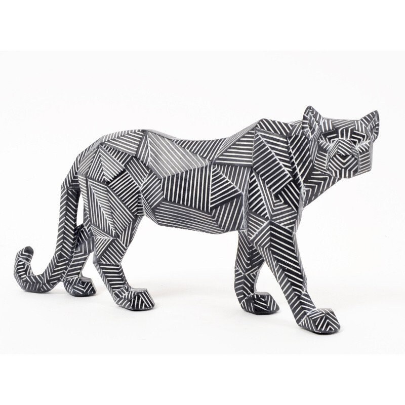 statue de Fauve ou Panthère Origami en Résine Blanche et Noire