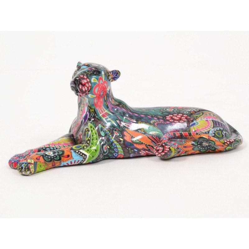 statue de Panthère en Résine Multicolore, Hauteur 9 Centimètres et Longueur 24 Centimètres. Pour Déc