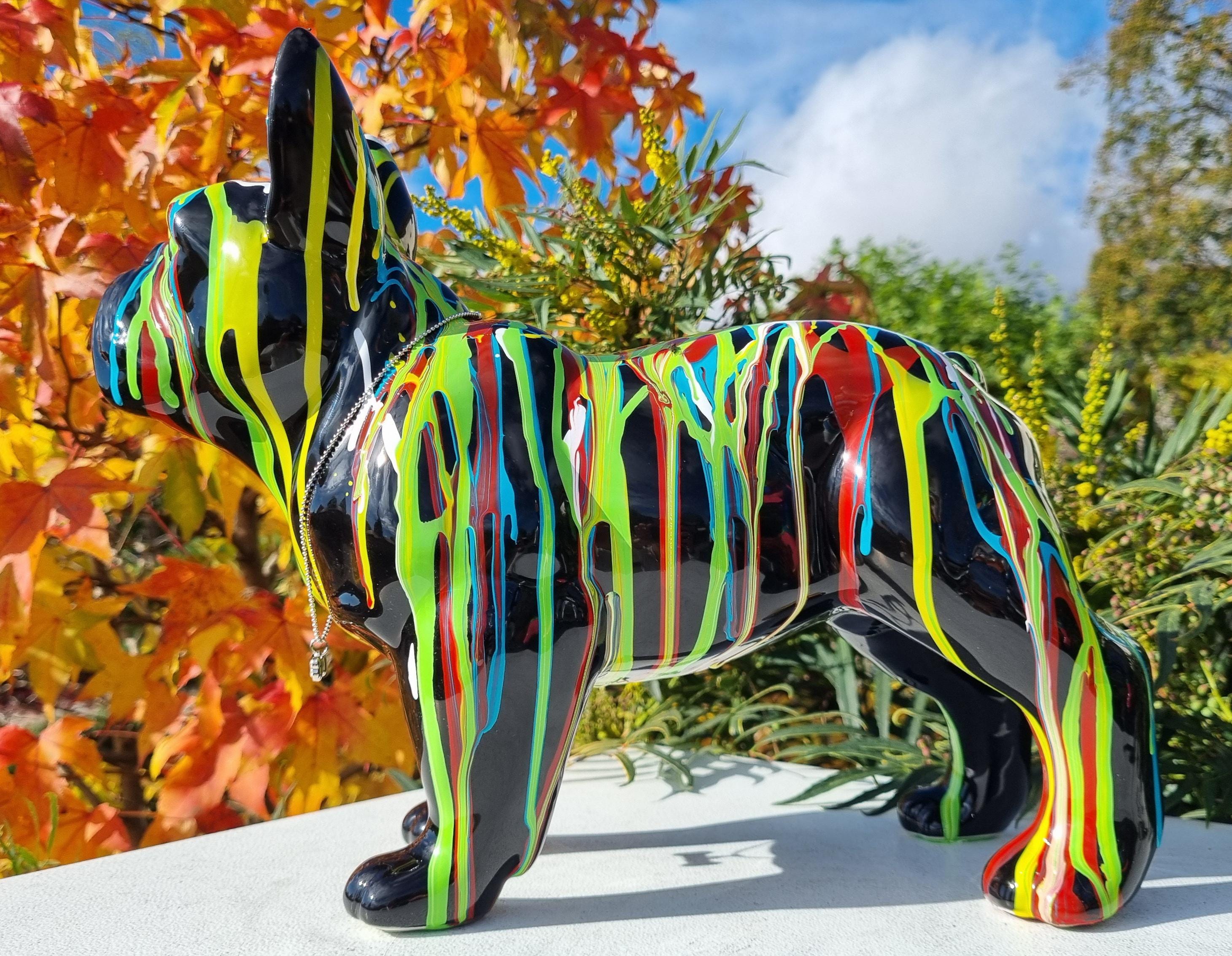 Tirelire Céramique Bouledogue Français - Décoration Noire Avec Coulures De Peinture - Hauteur 17 Cm
