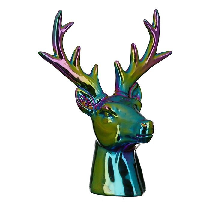 Sculpture Tête de Cerf ou Renne, en Céramique Multicolore, Hauteur 21 Centimètres