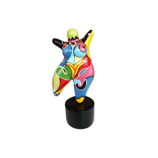 Petite statue de femme ronde "Nana" en résine multicolore, hauteur 17 centimètres avec le socle