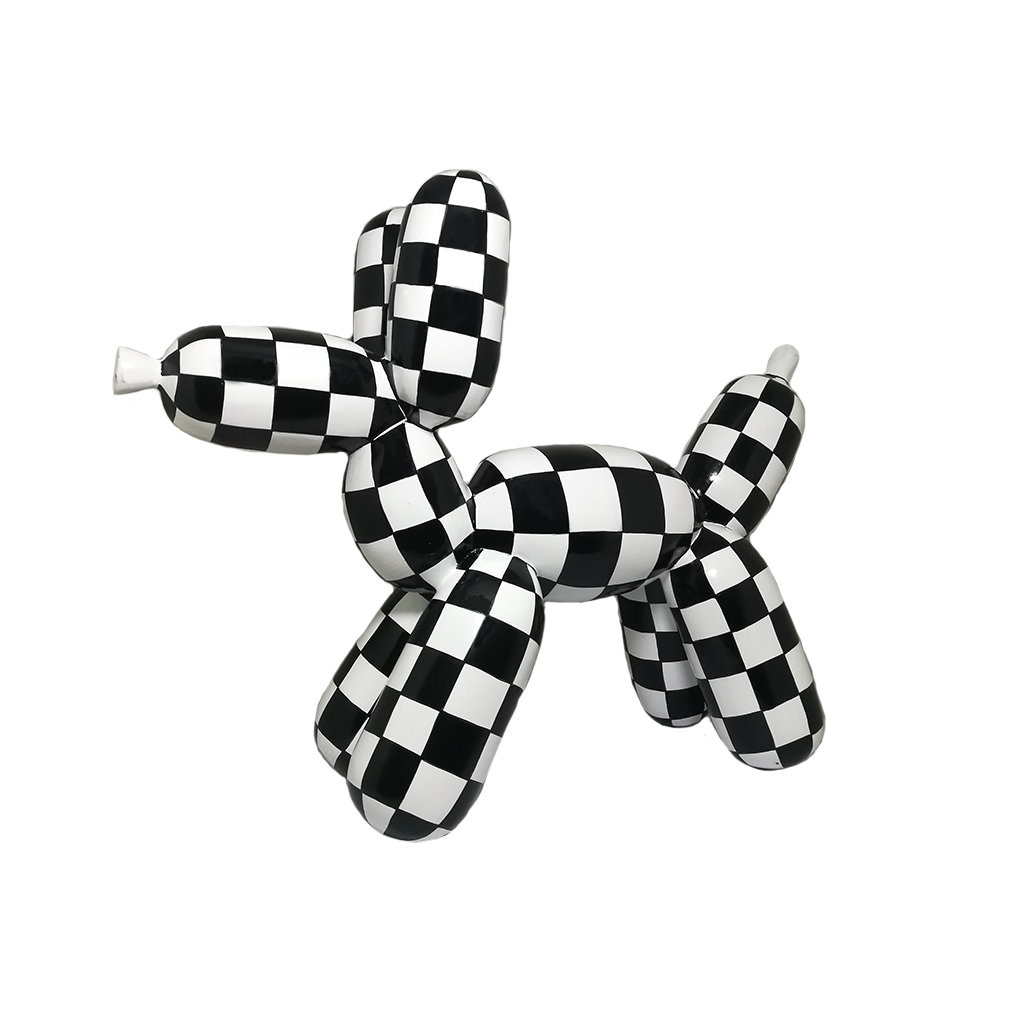 Dog statue "Balloon" in resin, 7 by 6,3 inches, for collection or decoration. Black and white model