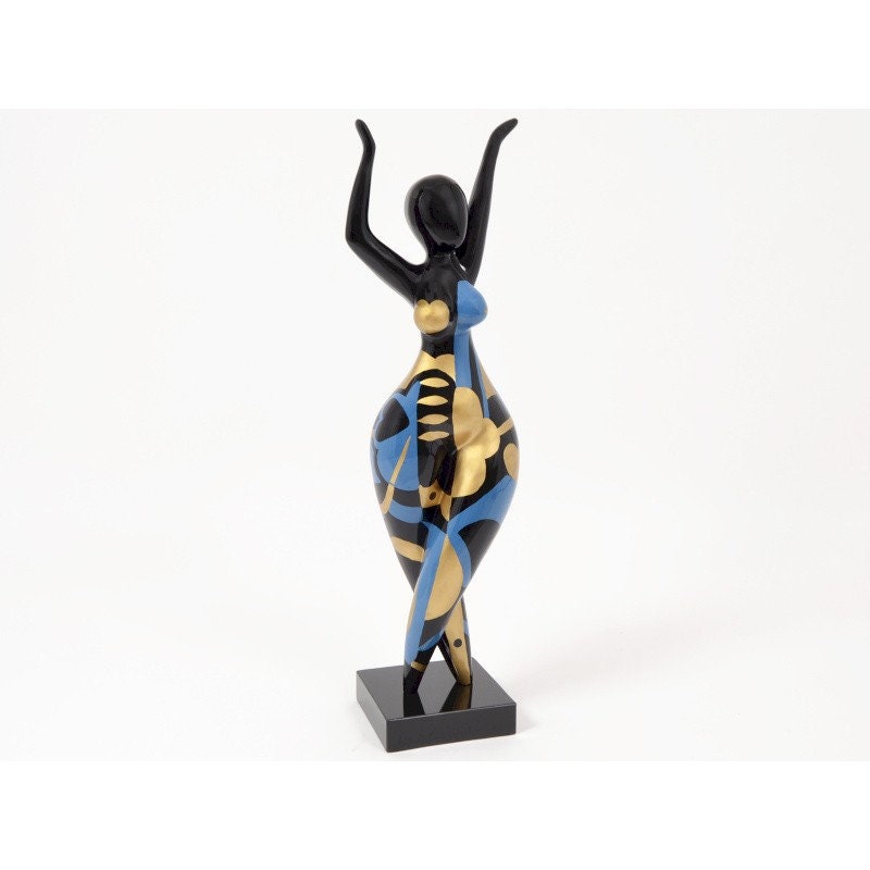 Big statue of round woman "Nana dancer" multicolored resin. Height 80 centimeters with the base