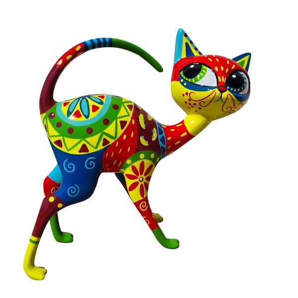 Statue de chat mexicain "Dia de Muertos", en résine multicolore. Longueur 24 centimètres. Peint à la main