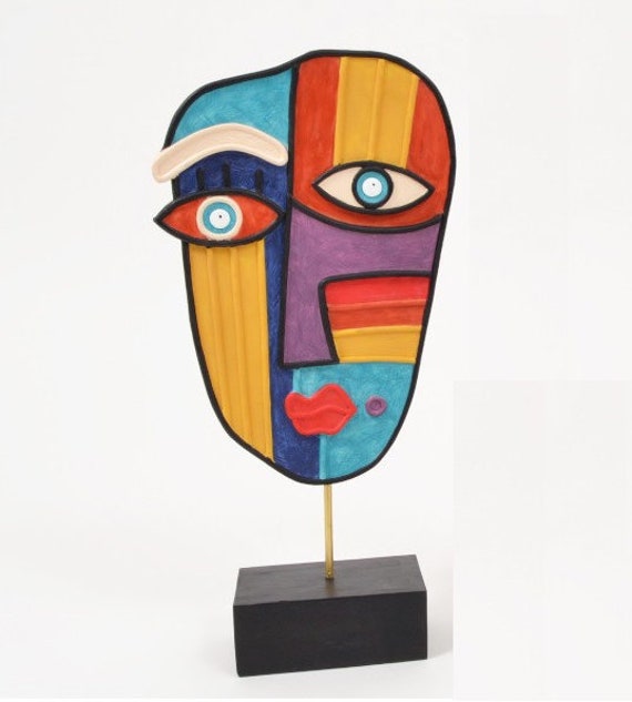 Sculpture de Visage Pablo en Résine Multicolore. Hauteur 39 Centimètres. Pour Une Décoration Origina