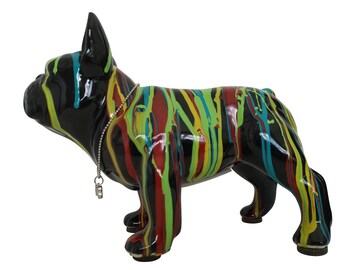 Piggy Bank or Moneybox French Bulldog, black ceramic with paint drips. Decoration Laure Terrier. Length 6,7 inches (17 centimeters)