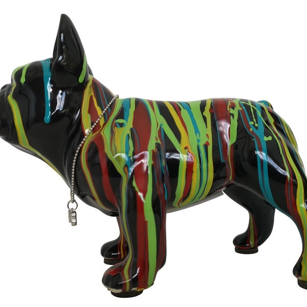 Tirelire chien Bouledogue Français, céramique noire et coulures de peinture. Modèle "Drip" décoration Laure Terrier. Longueur 17 centimètres