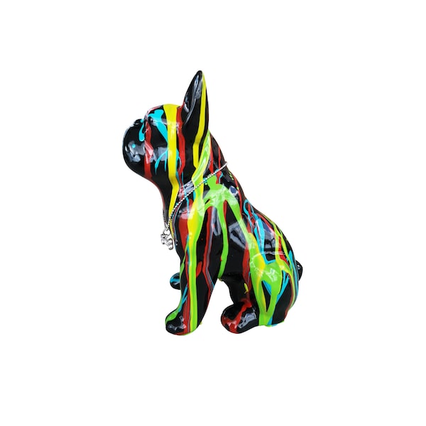 Statue Bouledogue Français, céramique noire & coulures de peinture multicolore, modèle Drip hauteur 17 centimètres. Décoration Laure TERRIER