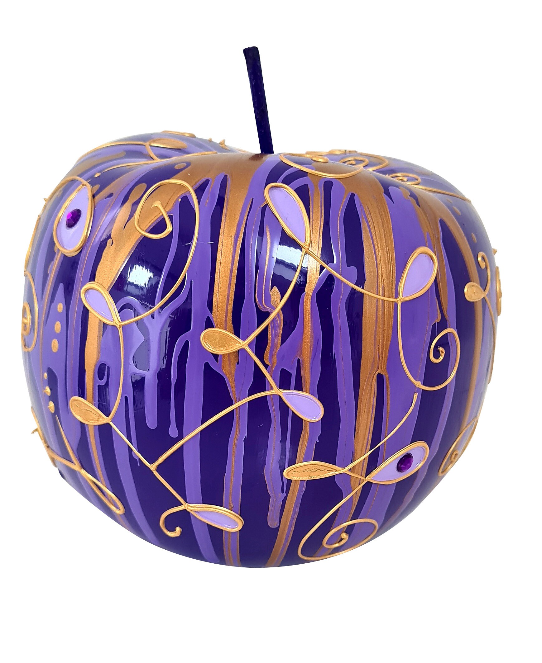 Sculpture de Fruit. Pomme en Céramique Violette et Multicolore. Hauteur 12 Centimètres, Décoration L