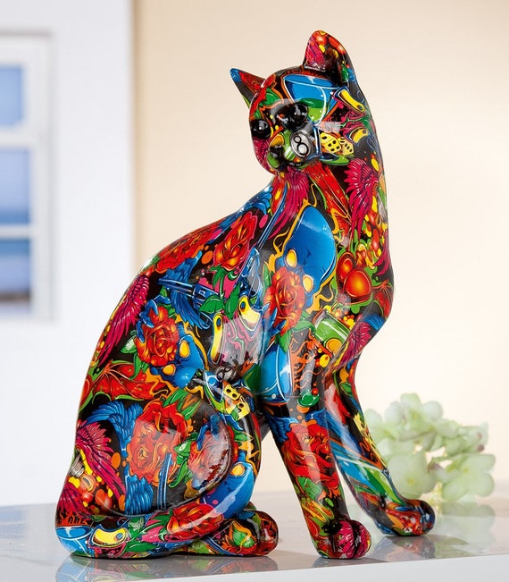 Cat Statue in Multicolored Resin, Height 11,4 Inches, for