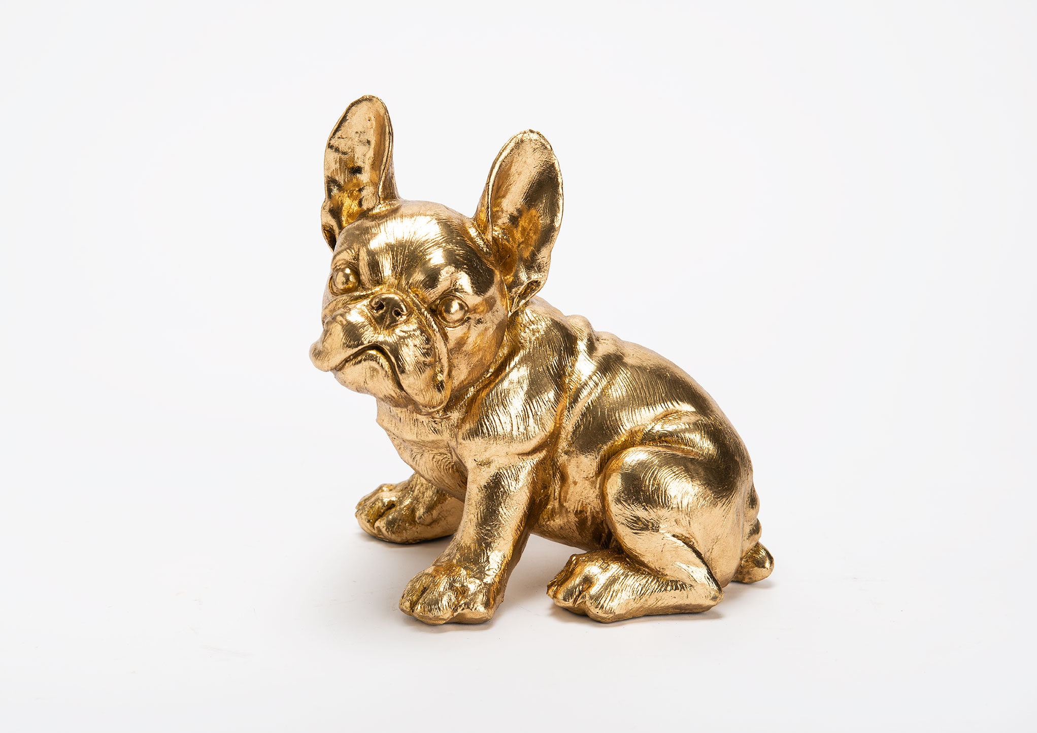 statue de Chien Bouledogue Français, en Résine Dorée, Hauteur 25 Centimètres, Pour Collection ou Déc