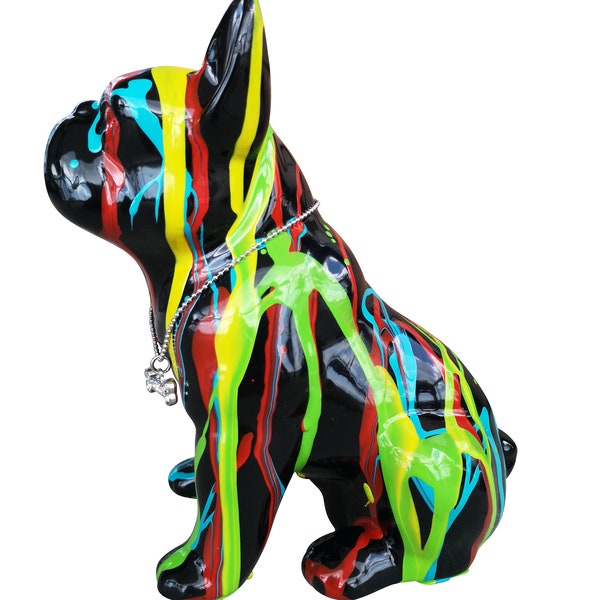 Tirelire chien Bouledogue Français, céramique noire et coulures de peinture. Modèle "Drip", décoration Laure Terrier. Hauteur 17 centimètres