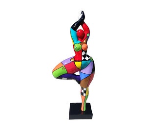 Statue of round woman "Nana dancer", multicolored resin. Model "Mina" by Laure Terrier. Height 20.4 inches with the base