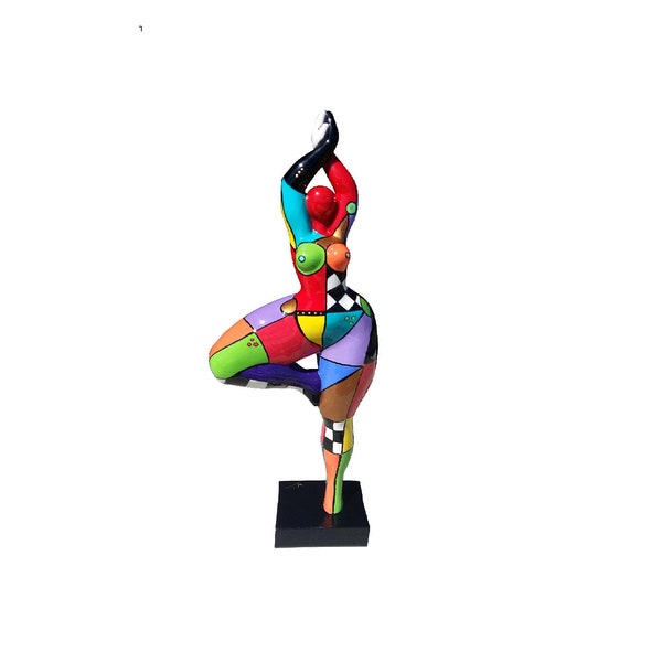 Statue of round woman "Nana dancer", multicolored resin. Model "Mina" by Laure Terrier. Height 20.4 inches with the base