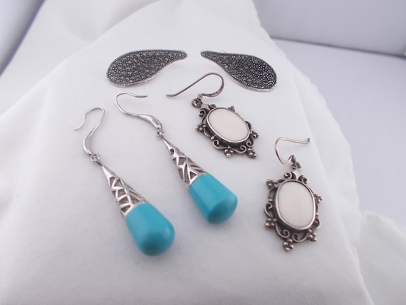 Sterling silver drop dangle pierced earrings, tur… - image 1