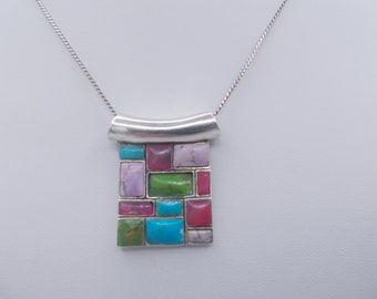 Sterling silver vintage pendant necklace, silver chain, sterling pendant with multicolored stone tiles inset