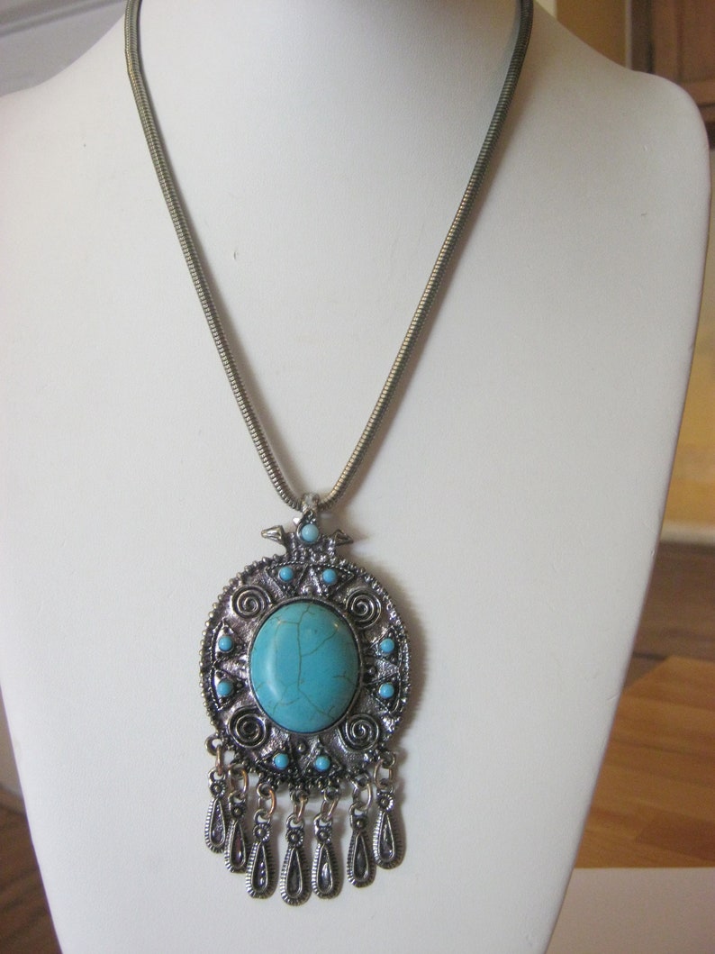 silver necklace with large pendant Vintage turquoise pendant necklace circular tone in center