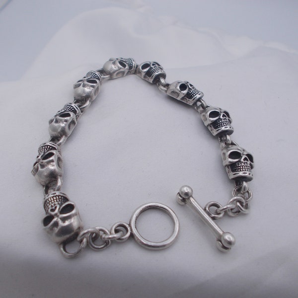 Bracelet de tête de mort vintage en argent sterling, bracelet de chaîne de tête de mort sterling unisexe, chaîne en argent taille 8,25