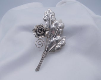 Sterling silver vintage brooch, large sterling floral pin, sterling leaves & flower brooch