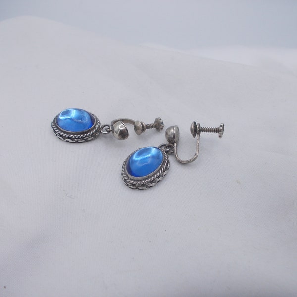 Alpaca Mexico vintage sterling silver drop dangle screwback earrings with blue glass stone