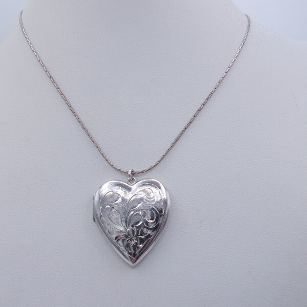 Sterling silver vintage pendant necklace, large heart shaped sterling locket, etched floral design pendant
