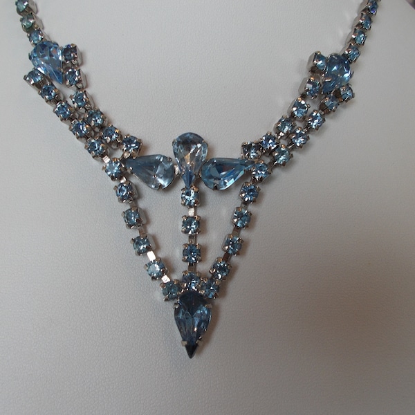 Sparkling rhinestone choker necklace, vintage silver tone necklace with sky blue rhinestones