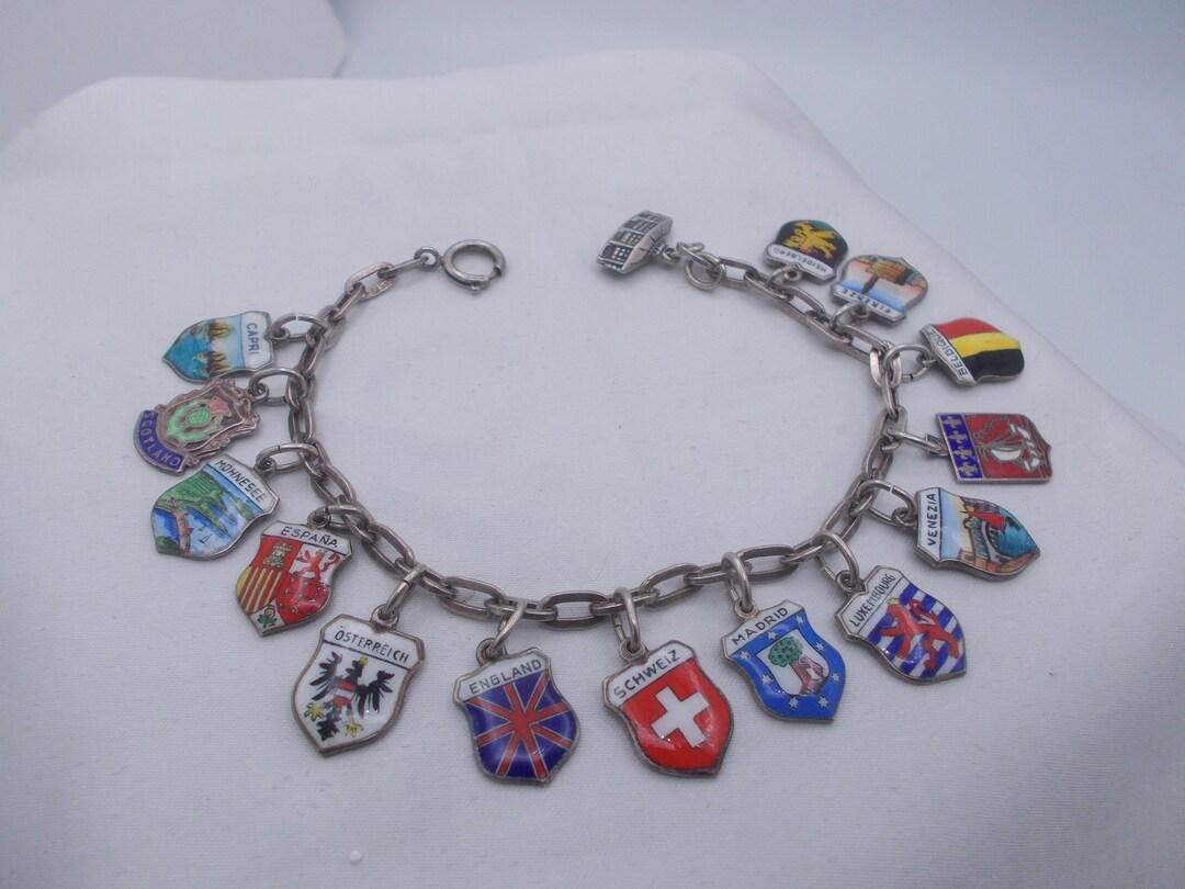 Sterling Silver Vintage Flags & Countries Charm Bracelet Etsy