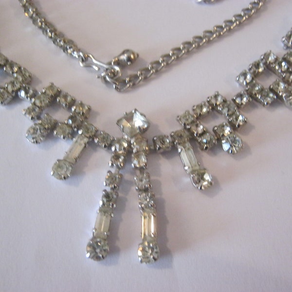 Rhinestone vintage choker necklace, silver one strand clear rhinestone vintage choker