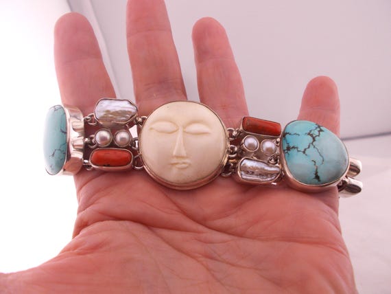 Sterling Silver Vintage Carved Bone Goddess Chain Link Bracelet