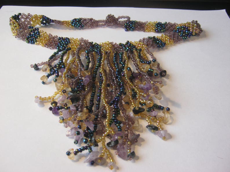 mauve yellow Seed bead vintage bib collar necklace bib necklace green seeds /& beads lilac teal