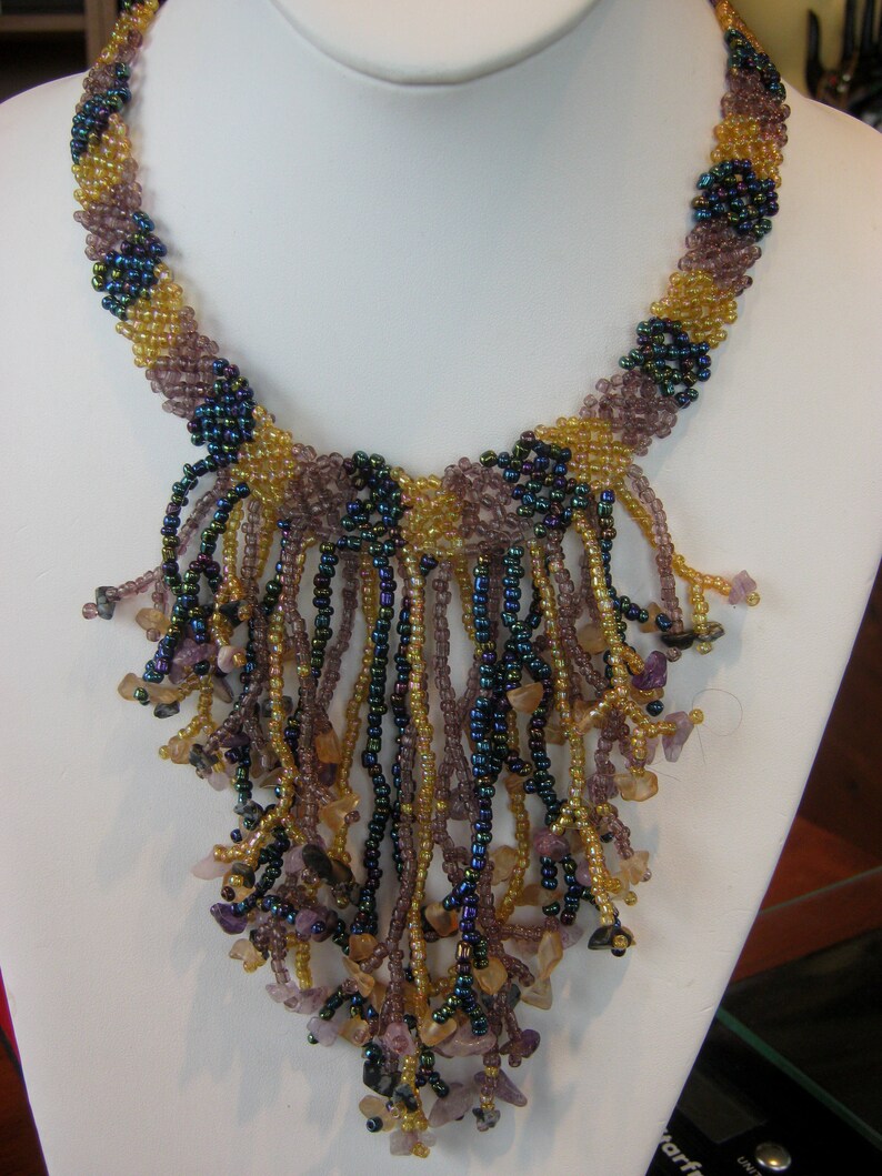 mauve yellow Seed bead vintage bib collar necklace bib necklace green seeds /& beads lilac teal