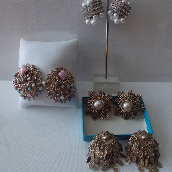 Clip on vintage statement earrings, 4 pair of gold & silver tone large clip on earrings, 4 pair vintage clip ons