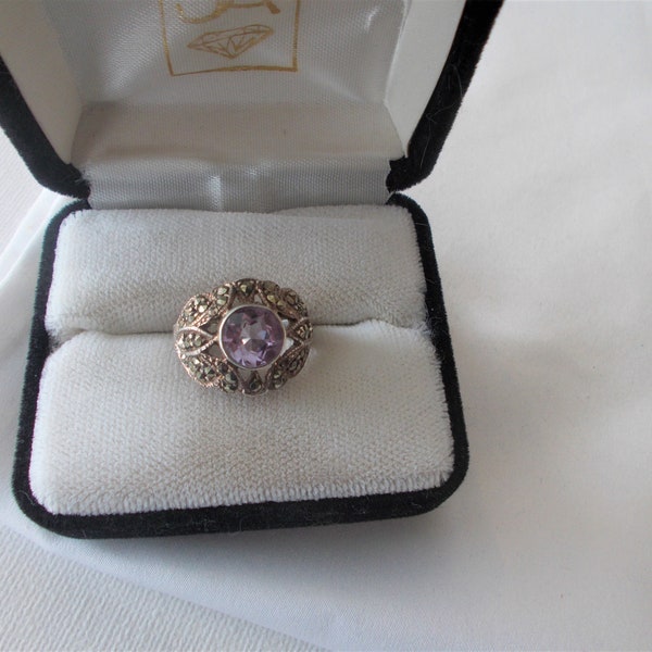 Sterling silver & marcasite vintage ring, sterling ring, circular pale amethyst stone, silver ring size 7