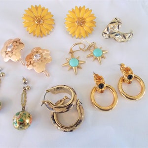 Vintage gold tone pierced earrings, 7 pair of enamel, rhinestone & stones gold earrings