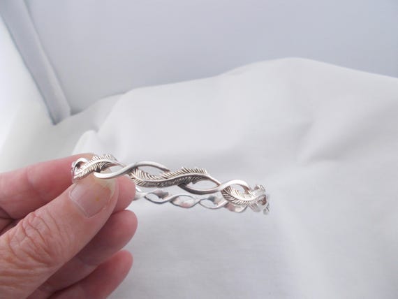 Sterling Silver Vintage Wave Bangle Bracelet, Etched Leaves