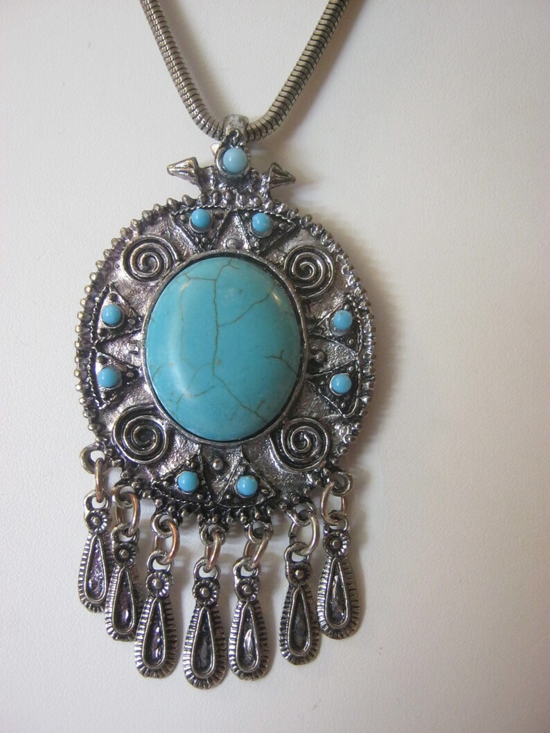 silver necklace with large pendant Vintage turquoise pendant necklace circular tone in center
