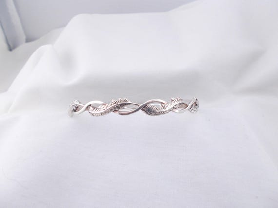 Sterling Silver Vintage Wave Bangle Bracelet, Etched Leaves