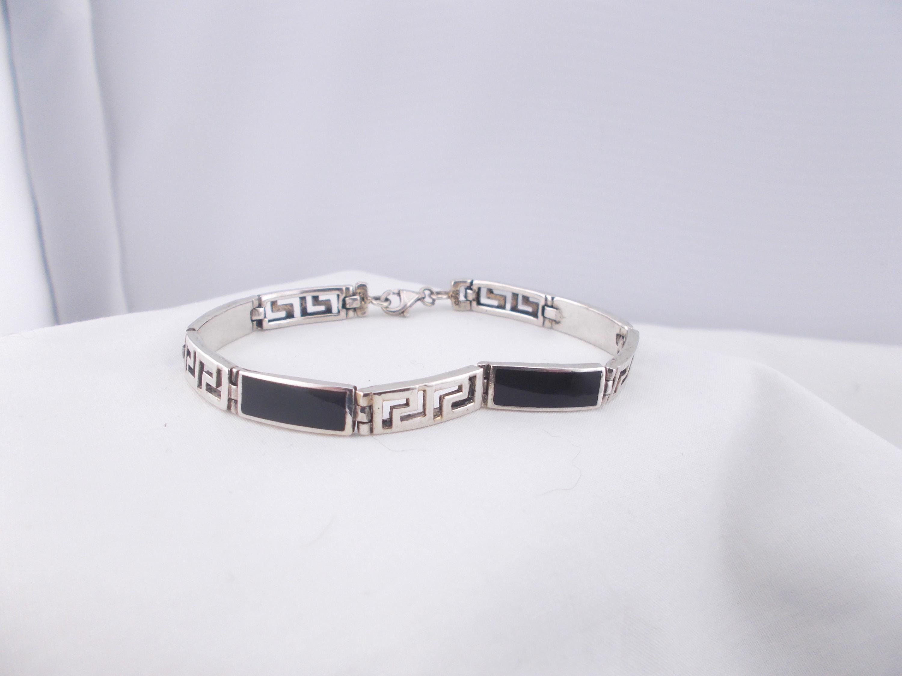 Sterling silver vintage panel bracelet, Greek key inlay & black onyx, sterling panel bracelet
