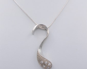 Sterling silver vintage pendant necklace, fine silver chain, sterling S shaped pendant with rhinestones