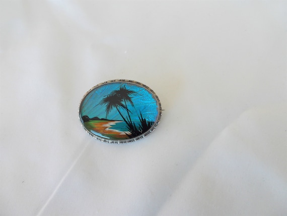 TLM Sterling Silver Brooch Handpainted Palm Tree Beach Scene