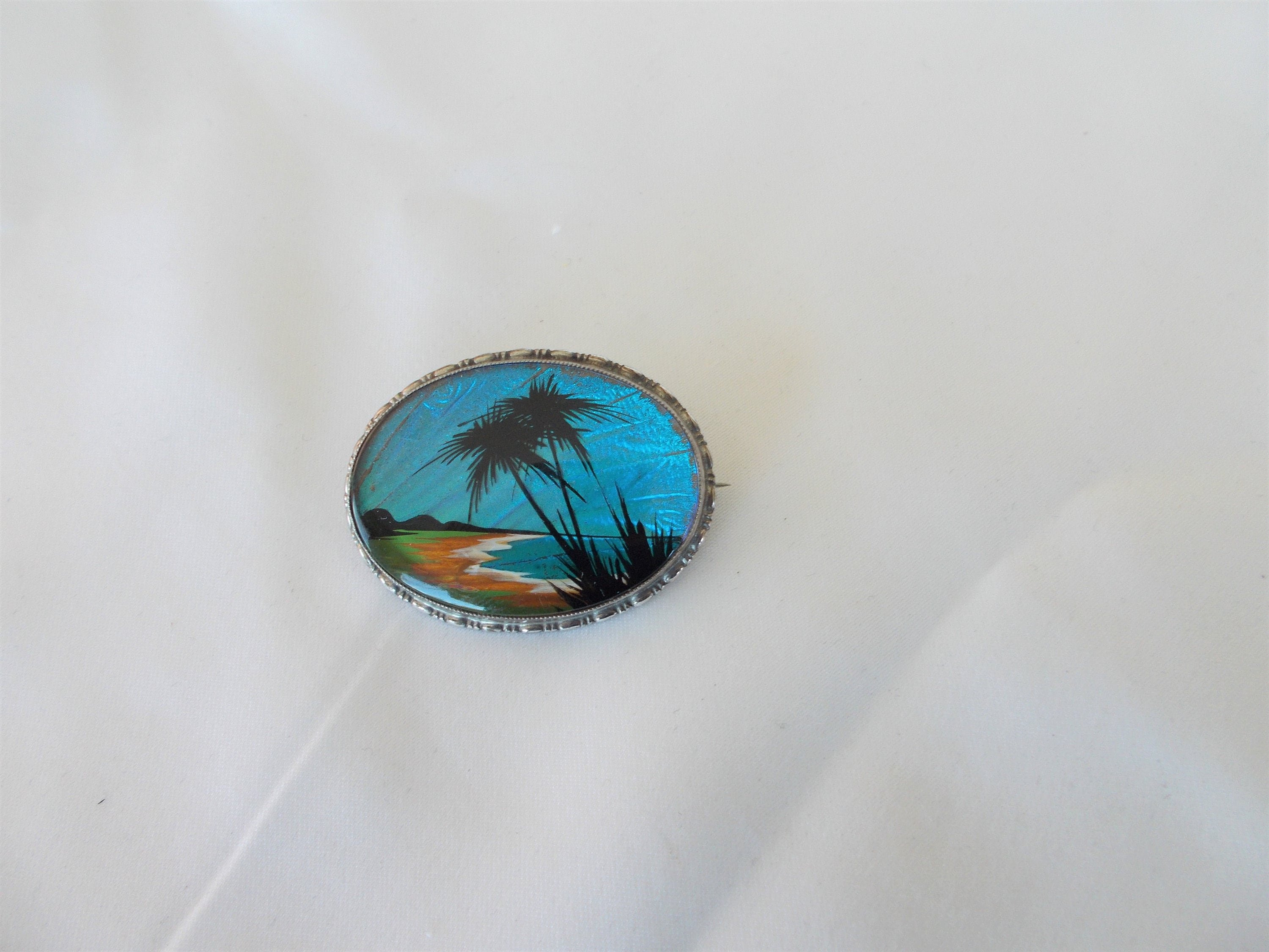 TLM Sterling Silver Brooch, Handpainted Palm Tree Beach Scene