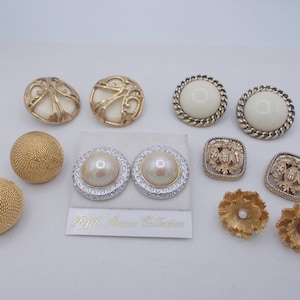 Vintage clip on earrings, 6 pair of gold tone clip ons including FAC, Boucher, Napier & Bergere