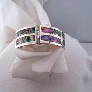 Armband i sterlingsilver, vintagestil, Taxco Mexico-panel, med inläggningar av abalonesnäckor, 18 cm långt